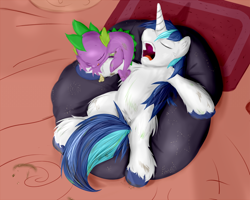Size: 960x768 | Tagged: safe, artist:frist44, character:shining armor, character:spike, species:dragon, species:pony, species:unicorn, bromance, male, sleeping