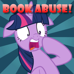 Size: 600x600 | Tagged: safe, artist:jhayarr23, character:twilight sparkle, character:twilight sparkle (alicorn), character:twilight sparkle (unicorn), species:alicorn, species:pony, species:unicorn, book abuse, caption, exclamation point, female, image macro, mare, shocked, show accurate, solo, sunburst background, text