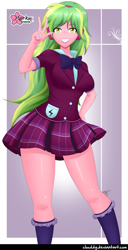 Size: 717x1402 | Tagged: safe, artist:clouddg, character:lemon zest, equestria girls:friendship games, g4, my little pony: equestria girls, my little pony:equestria girls, bow tie, breasts, busty lemon zest, clothing, crystal prep academy uniform, cute, female, grin, headphones, legs, looking at you, miniskirt, plaid skirt, pleated skirt, school uniform, sexy, skirt, smiling, socks, solo, thighs, waving
