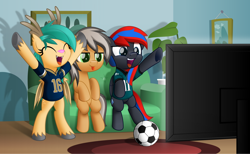 Size: 800x492 | Tagged: safe, artist:jhayarr23, oc, oc only, oc:deliriam, oc:smooth walker, oc:turquoise droplet, species:pony, ball, bipedal, blep, cheering, clothing, couch, football, shirt, sitting, sports, television, tongue out, unshorn fetlocks