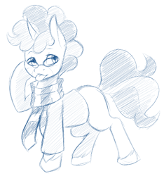 Size: 888x948 | Tagged: safe, artist:ambris, oc, oc:vynarity, species:pony, species:unicorn, clothing, commission, curly mane, curly tail, glasses, monochrome, scarf, sketch, sweater, tongue out, unshorn fetlocks