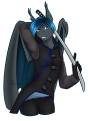 Size: 1174x1603 | Tagged: safe, artist:jc_bbqueen, oc, oc only, species:anthro, species:bat pony, species:pony, species:unguligrade anthro, anthro oc, bat pony oc, commission, digital art, fangs, katana, male, simple background, smiling, solo, stallion, sword, transparent background, weapon