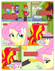 Size: 612x792 | Tagged: safe, artist:greatdinn, artist:newbiespud, edit, edited screencap, screencap, character:fluttershy, character:spike, character:sunset shimmer, character:twilight sparkle, species:dog, comic:friendship is dragons, equestria girls:equestria girls, g4, my little pony: equestria girls, my little pony:equestria girls, clothing, collaboration, comic, cutie mark on clothes, dialogue, frown, hairclip, lockers, pointing, sad, screencap comic