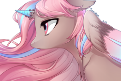 Size: 1200x800 | Tagged: safe, artist:swaybat, oc, oc only, species:alicorn, species:bat pony, species:pony, bat pony alicorn, bat pony oc, chest fluff, colored horn, colored wings, female, floppy ears, horn, mare, profile, signature, simple background, solo, white background, windswept mane, wings