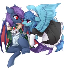 Size: 1154x1280 | Tagged: safe, artist:swaybat, oc, oc only, species:bat pony, species:pegasus, species:pony, bat pony oc, clothing, cross, duo, ear fluff, female, floppy ears, hoof on chin, jewelry, looking at each other, maid, maid headdress, mare, necklace, signature, simple background, slit eyes, socks, spread wings, white background, white socks, wing claws, wings