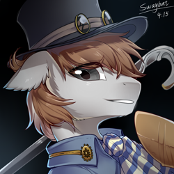 Size: 800x800 | Tagged: safe, artist:swaybat, oc, oc only, species:pony, black background, bust, clothing, ear fluff, floppy ears, hat, looking at you, male, portrait, signature, simple background, solo, stallion, steampunk, stick