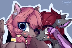 Size: 1280x853 | Tagged: safe, artist:swaybat, oc, oc only, oc:swaybat, species:bat pony, species:pegasus, species:pony, bat pony oc, blue background, bust, choker, colored ears, cute, cute little fangs, duo, ear piercing, earring, fangs, female, floppy ears, hairband, heart, jewelry, looking at you, mare, one eye closed, open mouth, outline, piercing, signature, simple background, slit eyes, smiling, spread wings, wing claws, wings