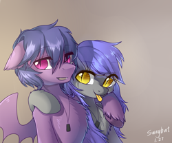 Size: 1100x916 | Tagged: safe, artist:swaybat, oc, oc only, oc:bar, oc:larf, species:bat pony, species:pony, bat pony oc, bat wings, chest fluff, duo, ear fluff, female, floppy ears, gray background, jewelry, male, mare, necklace, signature, simple background, slit eyes, spread wings, stallion, tongue out, unshorn fetlocks, wings