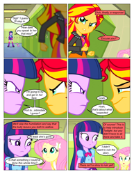 Size: 612x792 | Tagged: safe, artist:greatdinn, artist:newbiespud, edit, edited screencap, screencap, character:fluttershy, character:spike, character:sunset shimmer, character:twilight sparkle, species:dog, comic:friendship is dragons, equestria girls:equestria girls, g4, my little pony: equestria girls, my little pony:equestria girls, clothing, collaboration, comic, cutie mark on clothes, dialogue, frown, hairclip, lockers, pointing, sad, screencap comic