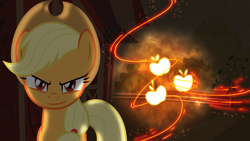Size: 1920x1080 | Tagged: safe, alternate version, artist:flamelauncher14, artist:gestapwarmhunter, artist:lightningtumble, artist:parclytaxel, edit, character:applejack, species:earth pony, species:pony, apple, apple orchard, apple tree, applejack's hat, clothing, cowboy hat, cutie mark, dark, female, food, hat, looking at you, mare, orchard, red eyes, solo, stetson, sweet apple acres, textless, tree, wallpaper, wallpaper edit