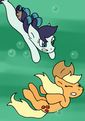 Size: 833x1185 | Tagged: safe, artist:cmara, character:applejack, character:coloratura, species:earth pony, species:pony, species:seapony (g4), ship:rarajack, applejack's hat, asphyxiation, bubble, clothing, cowboy hat, drowning, eyes closed, female, hat, lesbian, mare, parody, seaponified, seapony coloratura, shipping, species swap, swimming, the little mermaid, underwater, water