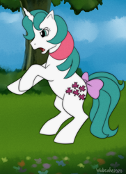 Size: 1000x1380 | Tagged: safe, artist:wubcakeva, character:gusty, character:gusty the great, species:pony, species:unicorn, g1, angry, bow, cloud, female, flower, g1 to g4, generation leap, grass, mare, open mouth, rearing, signature, sky, solo, tree