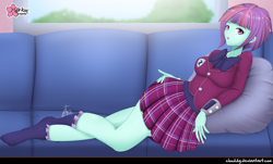 Size: 1661x1000 | Tagged: safe, artist:clouddg, character:sunny flare, equestria girls:friendship games, g4, my little pony: equestria girls, my little pony:equestria girls, clothing, couch, crystal prep academy uniform, female, legs, looking at you, lying down, miniskirt, open mouth, pillow, plaid skirt, pleated skirt, school uniform, skirt, socks, solo, sunny flare's wrist devices, thighs