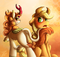 Size: 1500x1424 | Tagged: safe, artist:jamescorck, character:applejack, character:autumn blaze, species:earth pony, species:kirin, species:pony, ship:autumnjack, blushing, female, freckles, lesbian, mare, open mouth, shipping, tail seduce, teasing
