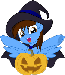 Size: 832x960 | Tagged: safe, artist:jhayarr23, part of a set, oc, oc:pegasusgamer, species:pegasus, species:pony, bust, cape, clothing, halloween, happy, hat, holiday, looking at you, movie accurate, palindrome get, pegasus oc, pumpkin, simple background, smiling, transparent background, wings, ych result