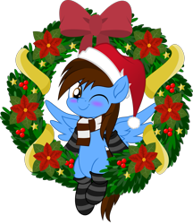 Size: 831x962 | Tagged: safe, artist:jhayarr23, part of a set, oc, oc only, oc:pegasusgamer, species:pegasus, species:pony, blushing, christmas, clothing, full body, happy, hat, holiday, looking at you, movie accurate, pegasus oc, santa hat, scarf, simple background, smiling, socks, solo, striped socks, transparent background, wings, ych result