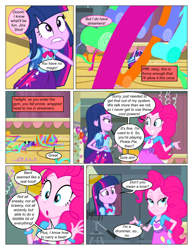 Size: 612x792 | Tagged: safe, artist:greatdinn, artist:newbiespud, edit, edited screencap, screencap, character:pinkie pie, character:spike, character:twilight sparkle, species:dog, comic:friendship is dragons, equestria girls:equestria girls, g4, my little pony: equestria girls, my little pony:equestria girls, animal, backpack, clothing, collaboration, comic, cutie mark on clothes, dialogue, female, frown, lip bite, looking up, male, pointing, screencap comic, shrug, spike the dog, streamers, unamused, wide eyes, wrapped up