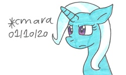 Size: 832x496 | Tagged: safe, artist:cmara, character:trixie, species:pony, species:unicorn, blue pony, date, female, frown, horn, mare, purple eyes, simple background, text, white background