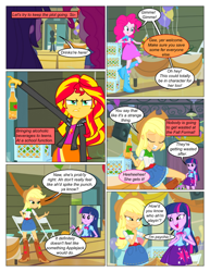 Size: 612x792 | Tagged: safe, artist:greatdinn, artist:newbiespud, edit, edited screencap, screencap, character:applejack, character:pinkie pie, character:spike, character:sunset shimmer, character:twilight sparkle, species:dog, comic:friendship is dragons, equestria girls:equestria girls, g4, my little pony: equestria girls, my little pony:equestria girls, alcohol, animal, balloon, beer bottle, boots, cider, clothing, collaboration, comic, cutie mark on clothes, dialogue, eyes closed, female, freckles, frown, gym, hat, male, mouth hold, screencap comic, shoes, spike the dog, table, thinking, unamused