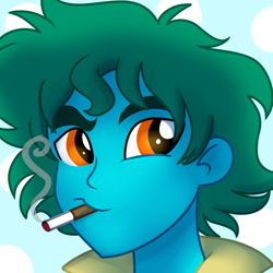 Size: 1000x1000 | Tagged: safe, artist:wubcakeva, oc, oc only, oc:azure glide, my little pony:equestria girls, alternate hairstyle, anime, bust, cigarette, commission, cowboy bebop, male, smoking, spike spiegel