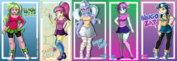 Size: 8537x2984 | Tagged: safe, artist:danmakuman, edit, character:indigo zap, character:lemon zest, character:sour sweet, character:sugarcoat, character:sunny flare, my little pony:equestria girls, adoraflare, alternate clothes, converse, cute, female, glasses, headphones, looking at you, open mouth, shadow five, shoes, smiling, sourbetes, sugarcute, zapabetes, zestabetes