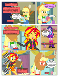 Size: 612x792 | Tagged: safe, artist:greatdinn, artist:newbiespud, edit, edited screencap, screencap, character:applejack, character:snails, character:spike, character:sunset shimmer, character:twilight sparkle, species:dog, comic:friendship is dragons, equestria girls:equestria girls, g4, my little pony: equestria girls, my little pony:equestria girls, alcohol, angry, animal, balloon, beer bottle, boots, buzzing, cider, clipboard, clothing, collaboration, comic, confused, cutie mark on clothes, dialogue, eyes closed, female, freckles, frown, gym, hat, male, onomatopoeia, open mouth, red face, screencap comic, shoes, skirt, spike the dog, unamused