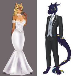 Size: 1578x1626 | Tagged: safe, artist:jc_bbqueen, oc, oc only, oc:azurite, oc:olive branch, species:anthro, species:deer, species:digitigrade anthro, species:dracony, species:pony, clothing, couple, digital art, dress, female, hybrid, male, mare, oc x oc, olite, original species, shipping, simple background, smiling, straight, suit, wedding dress