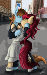 Size: 1994x3174 | Tagged: source needed, safe, artist:jamescorck, oc, oc only, oc:appleale, oc:sorren, species:earth pony, species:pegasus, species:pony, equestria at war mod, female, kissing, male, mare, sailor kiss, stallion, v-j day in times square, ve day, vg day, vintage, world war ii