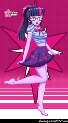 Size: 569x1024 | Tagged: safe, alternate version, artist:clouddg, edit, editor:thomasfan45, character:twilight sparkle, character:twilight sparkle (scitwi), species:eqg human, g4, my little pony: equestria girls, my little pony:equestria girls, barefoot, belly button, breasts, busty sci-twi, clothing, cute, feet, female, geode of telekinesis, glasses, happy, legs, looking at you, magical geodes, midriff, miniskirt, open mouth, ponytail, raised leg, sexy, signature, skirt, skirt lift, skirt pull, solo, twiabetes