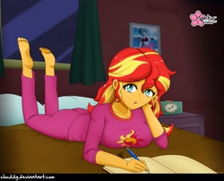 Size: 1235x1000 | Tagged: safe, alternate version, artist:clouddg, edit, editor:thomasfan45, character:sonata dusk, character:sunset shimmer, equestria girls:forgotten friendship, g4, my little pony: equestria girls, my little pony:equestria girls, barefoot, bed, bedroom, book, breasts, busty sunset shimmer, clock, clothing, curtains, cute, feet, female, looking at you, pajamas, pen, photo, pillow, shimmerbetes, signature, solo, sunset's apartment, table, window, writing
