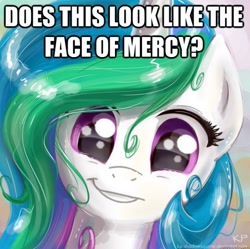 Size: 535x532 | Tagged: safe, artist:kp-shadowsquirrel, character:princess celestia, species:pony, :t, caption, cute, cutelestia, face of mercy, female, grin, happy, image macro, looking at you, smiling, solo