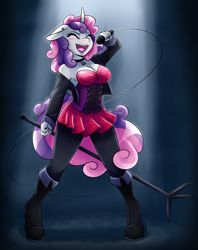 Size: 1294x1631 | Tagged: safe, artist:ambris, character:sweetie belle, species:anthro, species:plantigrade anthro, species:unicorn, g4, adorasexy, bell, bell collar, blushing, boots, breasts, busty sweetie belle, choker, cleavage, clothing, collar, corset, cute, diasweetes, dress, ear piercing, earring, eyes closed, female, floppy ears, high heel boots, jacket, jewelry, leggings, mare, microphone, microphone stand, miniskirt, older, older sweetie belle, open jacket, open mouth, pantyhose, piercing, rocker, sexy, shoes, singer, singing, skirt, solo, sparkles, spotlight