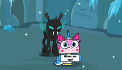 Size: 652x379 | Tagged: safe, artist:dashiesparkle, artist:faze-alan-mskull2019, artist:roxy-cream, character:thorax, species:changeling, angry, cave, crossover, female, holding sign, kitten, male, sign, unikitty, unikitty! (tv series), worried