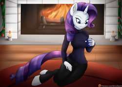 Size: 2800x2000 | Tagged: safe, artist:novaspark, character:rarity, species:anthro, species:pony, species:unguligrade anthro, species:unicorn, candle, chocolate, christmas, clothing, female, fire, fireplace, food, holiday, hot chocolate, pants, solo, sweater