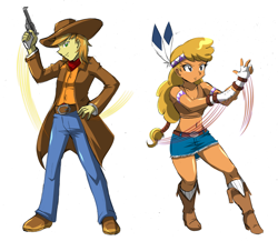 Size: 3640x3160 | Tagged: safe, artist:danmakuman, character:braeburn, character:little strongheart, ship:braeheart, my little pony:equestria girls, equestria girls-ified, female, fighting stance, gun, hand wraps, handgun, male, pose, revolver, shipping, straight