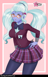 Size: 851x1352 | Tagged: safe, artist:clouddg, character:sugarcoat, equestria girls:friendship games, g4, my little pony: equestria girls, my little pony:equestria girls, breasts, busty sugarcoat, clothing, crystal prep academy uniform, female, glasses, leggings, looking at you, open mouth, pigtails, plaid skirt, pleated skirt, school uniform, signature, skirt, solo, twintails