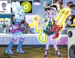 Size: 1000x773 | Tagged: safe, artist:pixelkitties, character:maud pie, character:trixie, my little pony:equestria girls, alternate hairstyle, boots, bride of frankenstein, ear piercing, earring, electric guitar, electricity, frankie stein, guitar, high heels, jewelry, monster high, musical instrument, necktie, piercing, shoes