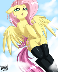 Size: 3600x4500 | Tagged: safe, artist:danmakuman, character:fluttershy, species:pegasus, species:pony, adorasexy, clothing, cloud, colored eyelashes, cute, female, floppy ears, flying, high res, hooves to the chest, human shoulders, latex, looking at you, mare, open mouth, semi-anthro, sexy, shyabetes, solo, spread wings, stockings, thigh highs, wings