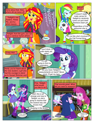Size: 612x792 | Tagged: safe, artist:greatdinn, artist:newbiespud, edit, edited screencap, screencap, character:applejack, character:cheerilee, character:rainbow dash, character:rarity, character:sunset shimmer, character:twilight sparkle, comic:friendship is dragons, equestria girls:equestria girls, g4, my little pony: equestria girls, my little pony:equestria girls, balloon, book, bookshelf, clothing, collaboration, comic, computer, confetti, cutie mark, cutie mark on clothes, dialogue, female, football, grin, hat, keyboard, open mouth, screencap comic, smiling, sports