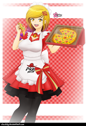 Size: 839x1235 | Tagged: safe, artist:clouddg, oc, oc:citrine, species:human, my little pony:equestria girls, apron, clothing, dress, female, food, meat, open mouth, pepper, pepperoni, pepperoni pizza, pizza, pizza box, signature, solo