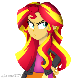 Size: 1000x1000 | Tagged: safe, artist:wubcakeva, character:sunset shimmer, species:human, equestria girls:equestria girls, g4, my little pony: equestria girls, my little pony:equestria girls, clothing, female, jacket, leather, leather jacket, sassy, simple background, skirt, solo, white background