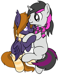 Size: 2066x2719 | Tagged: safe, artist:djdavid98, oc, oc only, oc:lunar-rose, oc:shining silverdiamond, species:bat pony, species:pony, species:unicorn, clothing, commission, fangs, holding hooves, looking at each other, nuzzling, on side, scarf, simple background, snuggling, socks, striped socks, top down, transparent background