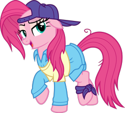 Size: 4500x4080 | Tagged: safe, artist:slb94, character:pinkie pie, species:earth pony, species:pony, alternate hairstyle, backwards ballcap, baseball cap, cap, clothing, disguise, female, hat, mare, open mouth, plainity, raised hoof, simple background, solo, transparent background, vector