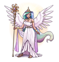 Size: 1899x2000 | Tagged: safe, artist:king-kakapo, character:princess celestia, species:human, abstract background, clothing, crown, dress, female, horn, horned humanization, humanized, jewelry, nail polish, open mouth, regal, regalia, solo, spread wings, staff, sun, winged humanization, wings