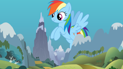 Size: 3840x2160 | Tagged: source needed, safe, artist:dashiesparkle, character:rainbow dash, species:pegasus, species:pony, female, giant pony, giantess, macro, mare, mountain, spread wings, wings