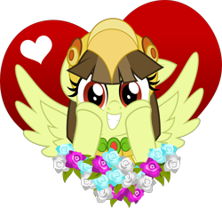 Size: 5000x4673 | Tagged: safe, artist:jhayarr23, oc, oc:tailcoatl, species:pegasus, species:pony, nation ponies, episode:hearts and hooves day, g4, my little pony: friendship is magic, aztec, cute, female, flower, heart, helmet, holiday, mare, mexico, ponified, show accurate, simple background, smiling, solo, transparent background, valentine's day, wings, ych result