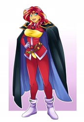 Size: 1493x2170 | Tagged: safe, artist:ambris, character:sunset shimmer, my little pony:equestria girls, abstract background, cape, clothing, colored pupils, cosplay, costume, crossover, ear piercing, earring, female, hand on hip, jewelry, lina inverse, open mouth, piercing, slayers, solo