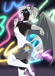 Size: 1174x1603 | Tagged: safe, artist:jc_bbqueen, oc, oc only, oc:victor bates, species:anthro, species:bat pony, species:pony, species:unguligrade anthro, armpits, bat pony oc, bat wings, clothing, cool world, digital art, eyeshadow, fangs, female, holli would, lipstick, makeup, mare, one eye closed, rule 63, smiling, wings, wink