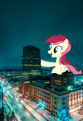 Size: 2630x3840 | Tagged: safe, artist:dashiesparkle, character:roseluck, species:pony, building, canada, female, giant pony, giant/macro earth pony, giant/macro/mega roseluck, giantess, highrise ponies, irl, lights, london, macro, night, ontario, photo, raised hoof, sky, snow