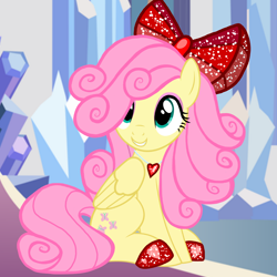 Size: 1200x1200 | Tagged: safe, artist:katya, artist:slb94, edit, editor:katya, character:fluttershy, species:pegasus, species:pony, episode:hearts and hooves day, g4, my little pony: friendship is magic, alternate hairstyle, bow, cute, eyeshadow, female, hair bow, holiday, hoof shoes, jewelry, makeup, mare, necklace, shyabetes, sitting, smiling, solo, valentine's day